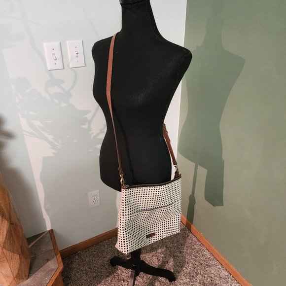 Fossil Handbags - FOSSIL Fiona Small White Black Polka Dot Crossbody Leather Trim Purse Bag